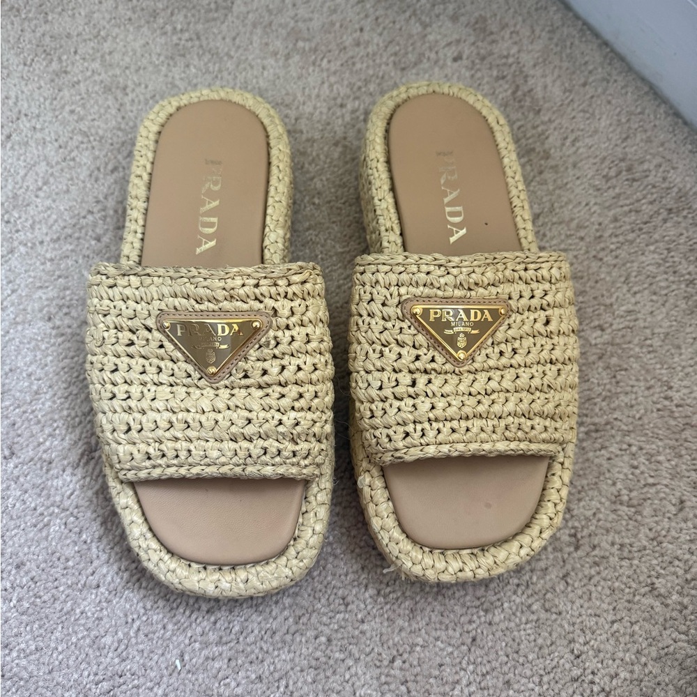 PRADA Beige Raffia Slide Platform Sandals
